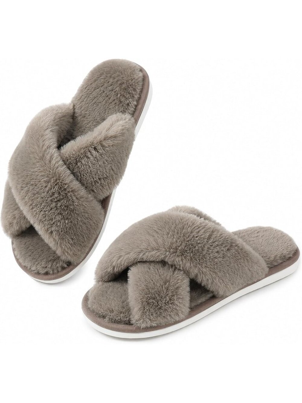 Women's Light Coffee Cross Band Memory Foam Open Toe Comfy Fuzzy Indoor Slippers